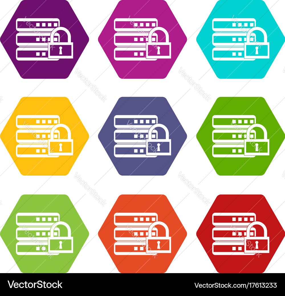 Database with padlock icon set color hexahedron Vector Image