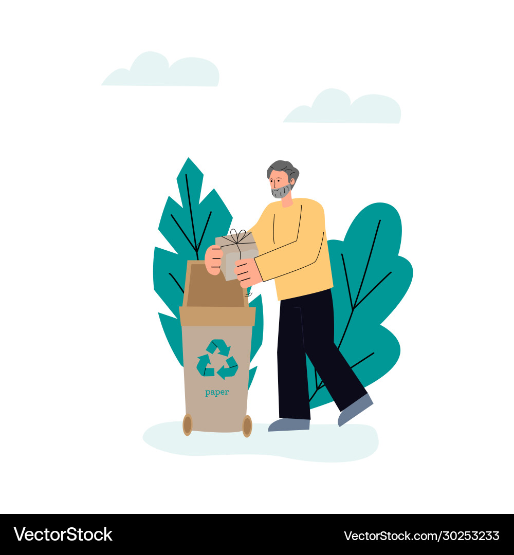 Man sorting paper waste in trash container sketch Man sorting paper waste in trash container sketch vector image