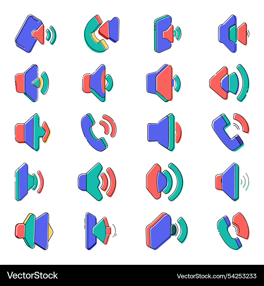 Phone-volume icon with offset doodle style bundle Vector Image