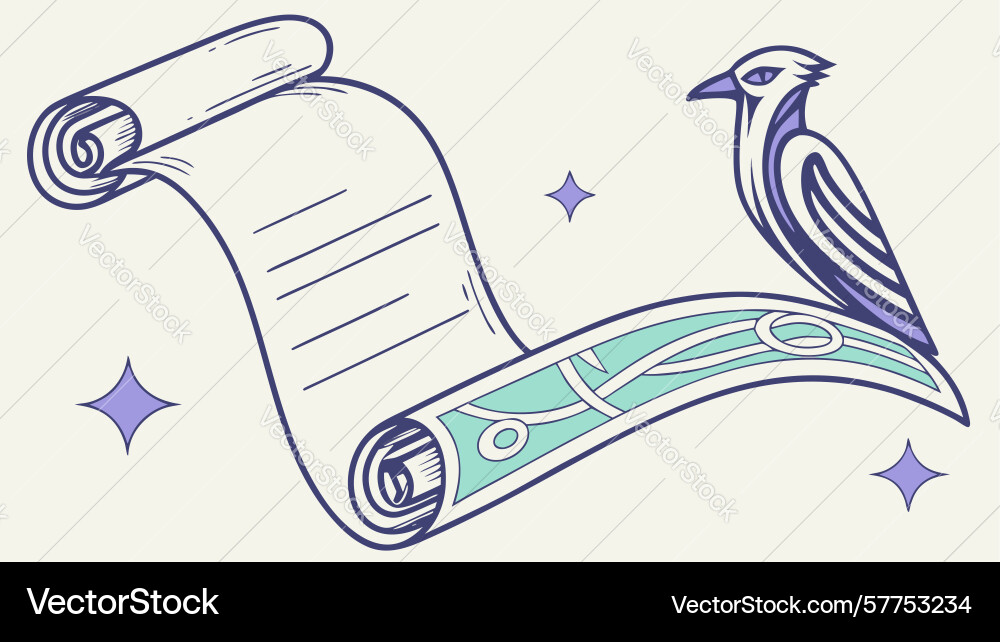 Ancient scroll with feather quill and bird vector image