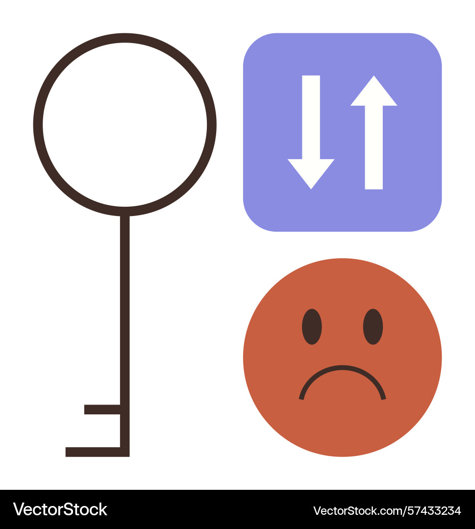 Key with sad face and up-down arrows emphasizing Key with sad face and up-down arrows emphasizing Vector Image