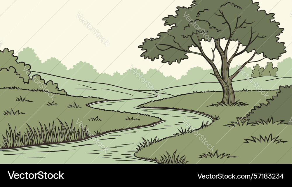 Lone tree in open field with rolling hills vector image
