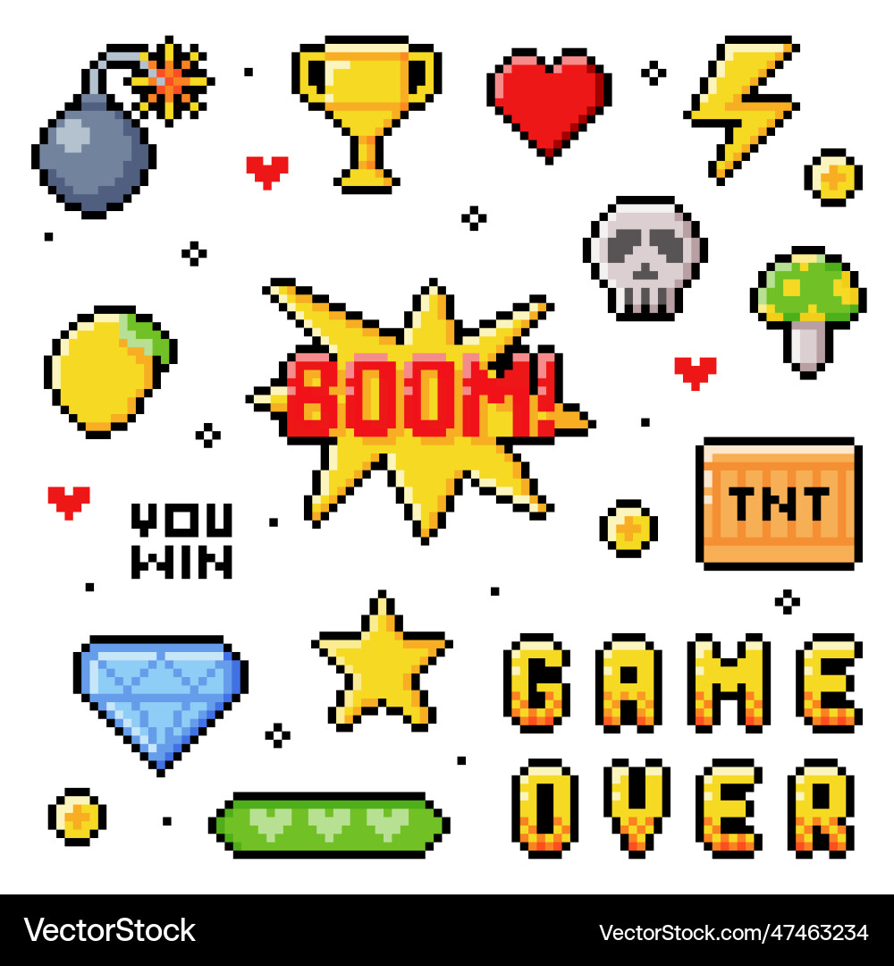 Pixel 8-bit objects and video game style element Pixel 8-bit objects and video game style element vector image