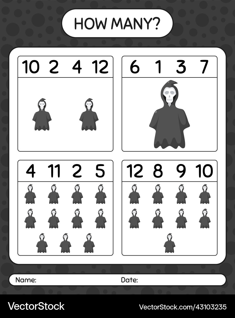 How many counting game with grim reaper worksheet Vector Image
