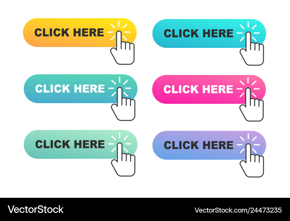 Set of hand pointer buttons click here Set of hand pointer buttons click here vector image