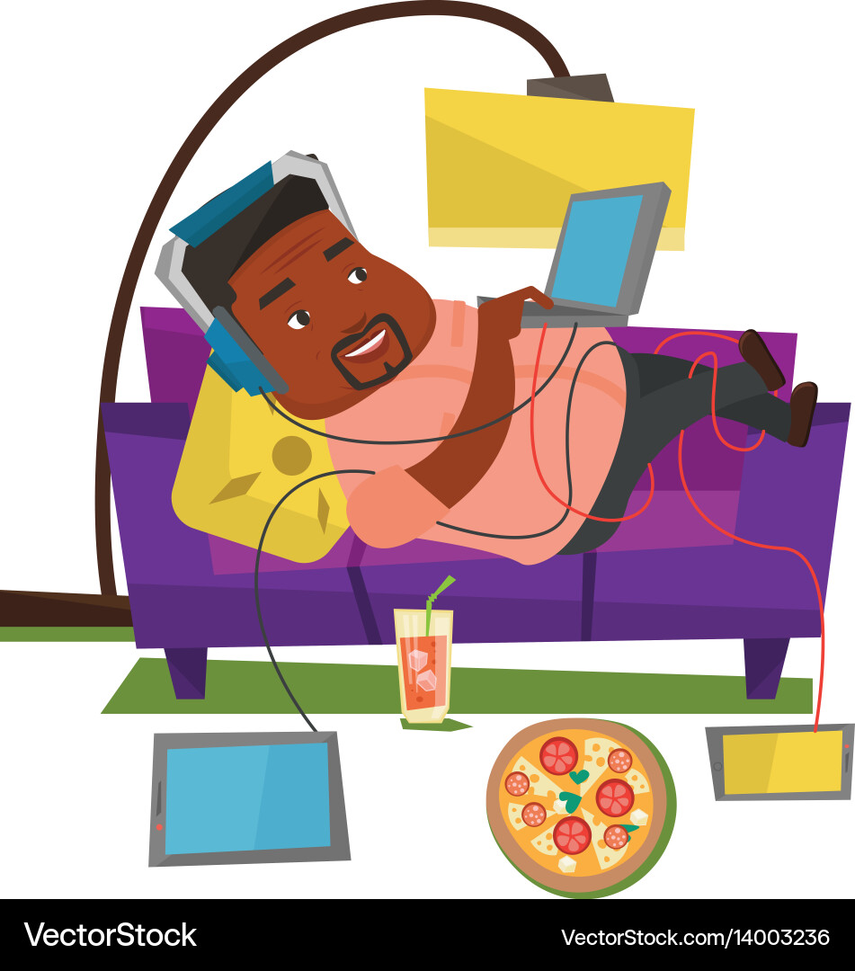 Man lying on sofa with many gadgets vector image