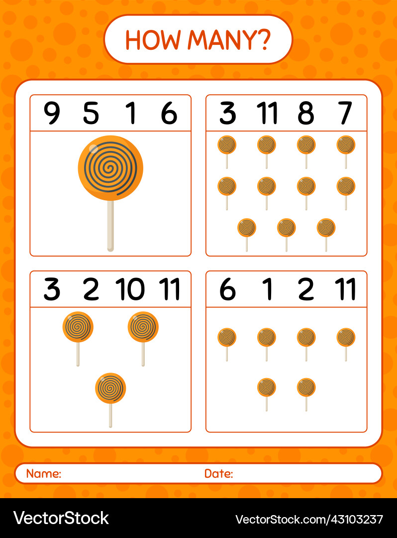 How many counting game with lollipop worksheet Vector Image