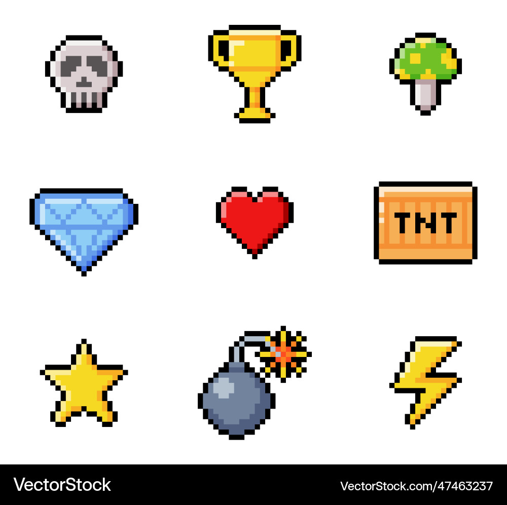 Pixel 8-bit objects and video game style element Pixel 8-bit objects and video game style element vector image