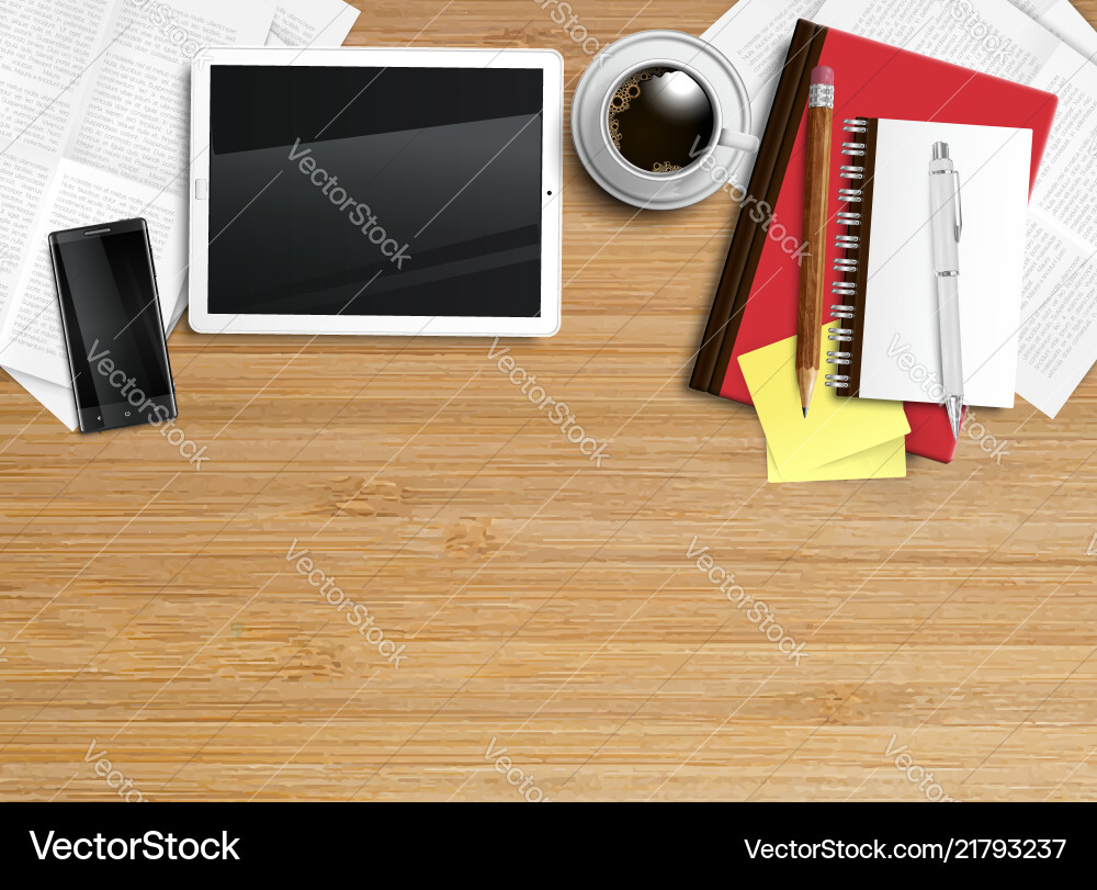Realistic office desk with different objects Realistic office desk with different objects vector image