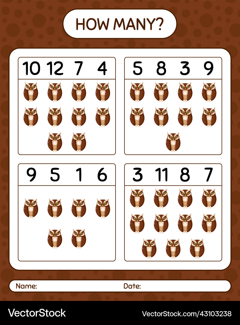How many counting game with owl worksheet How many counting game with owl worksheet vector image