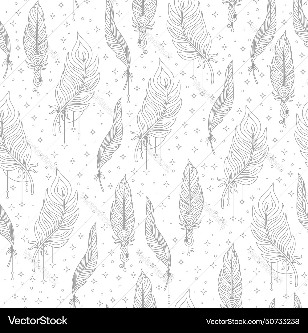 Magic linear feathers and stars seamless pattern Magic linear feathers and stars seamless pattern vector image