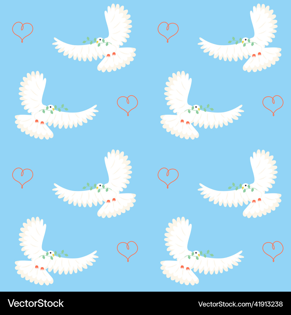 White dove with twig and heart seamless pattern Vector Image