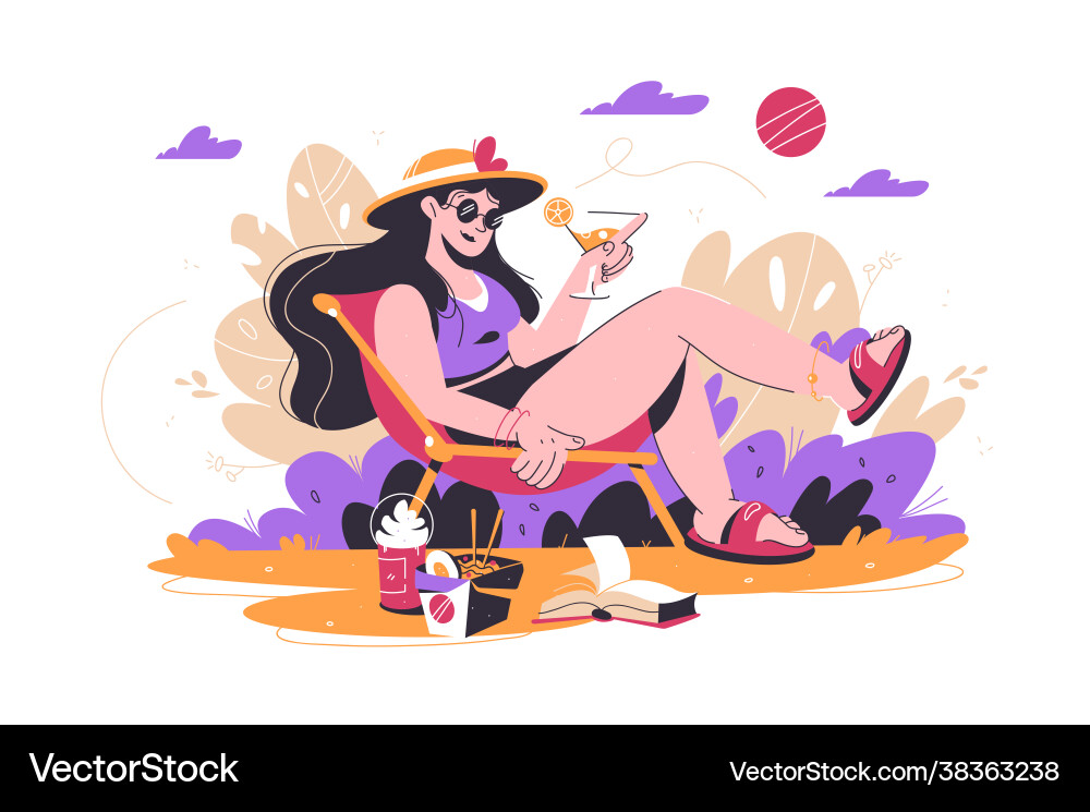 Woman relaxing in park with drink Woman relaxing in park with drink Vector Image