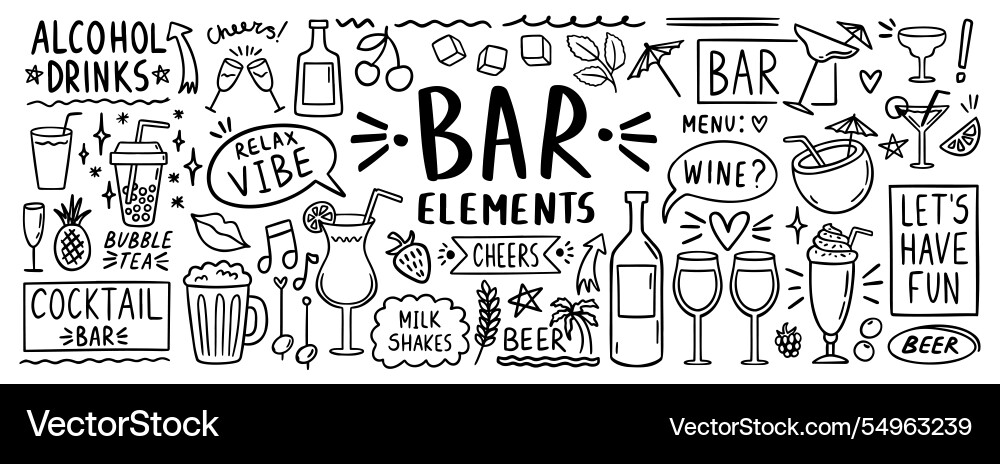Bar menu elements doodle hand drawn icon set Bar menu elements doodle hand drawn icon set Vector Image