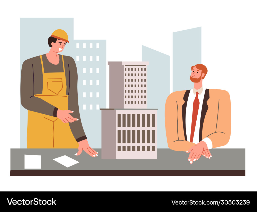 Boss listening to constructor projects building Boss listening to constructor projects building vector image