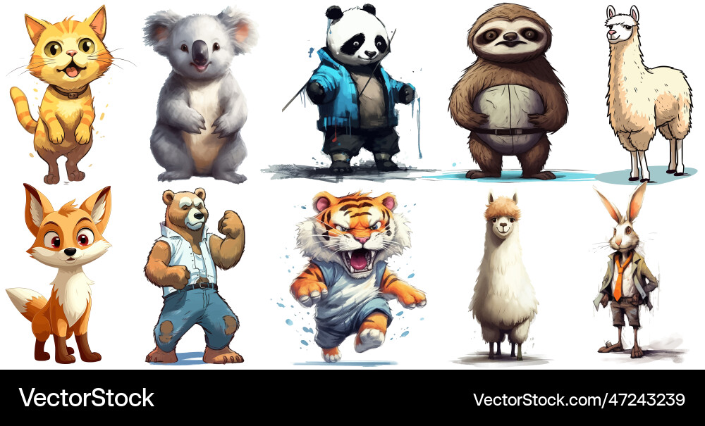Hare tiger bear sloth cat koala fox alpaca Vector Image