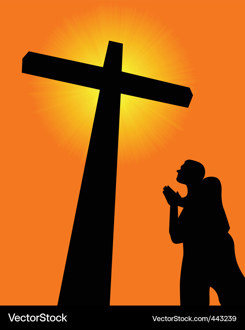 Man Praying Before a Cross Vector Image