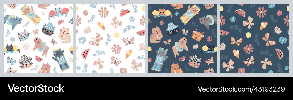 Set of seamless patterns different cats Set of seamless patterns different cats vector image