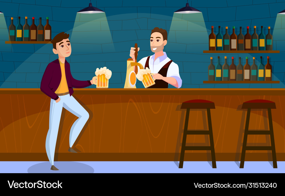 Bartender pours a glass beer to man flat Bartender pours a glass beer to man flat vector image