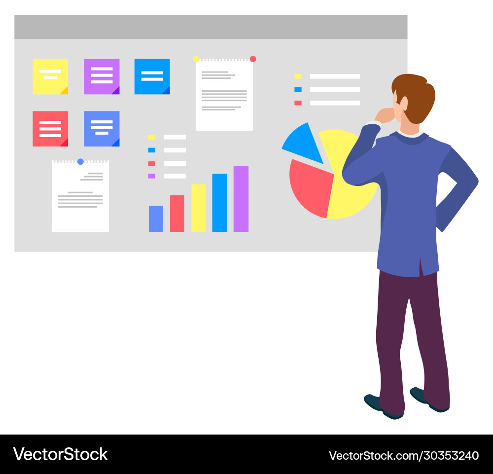 Man at work analyzing results projects data Man at work analyzing results projects data vector image