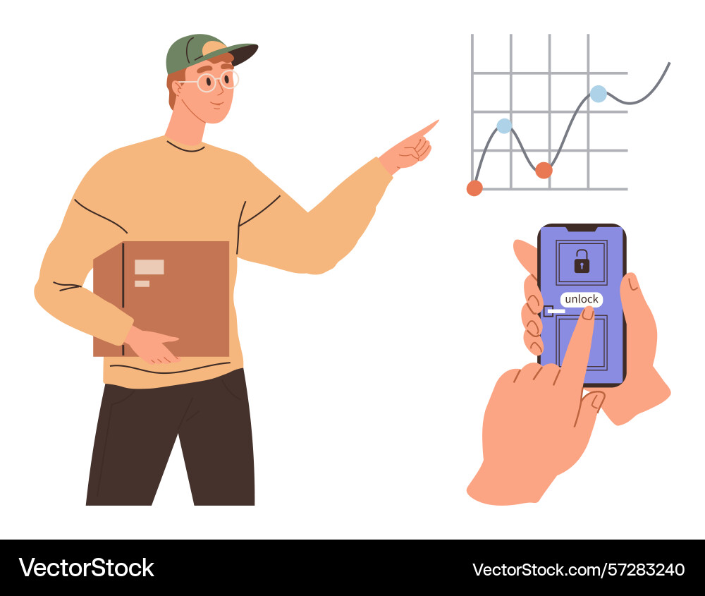 Man with package points at growth chart while hand vector image