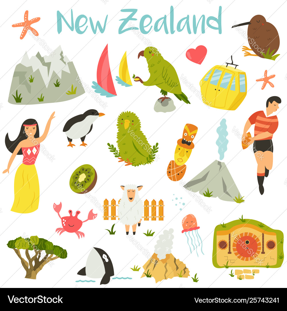Neue zealand set symbole marken tiere Neue zealand set symbole marken tiere vektorbild