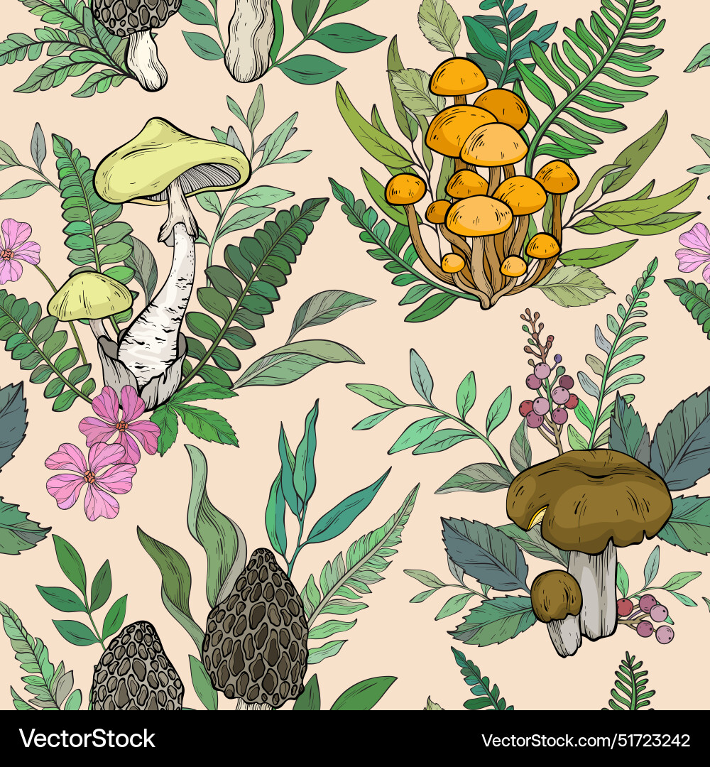 Seamless pattern with different types of mushrooms Seamless pattern with different types of mushrooms vector image