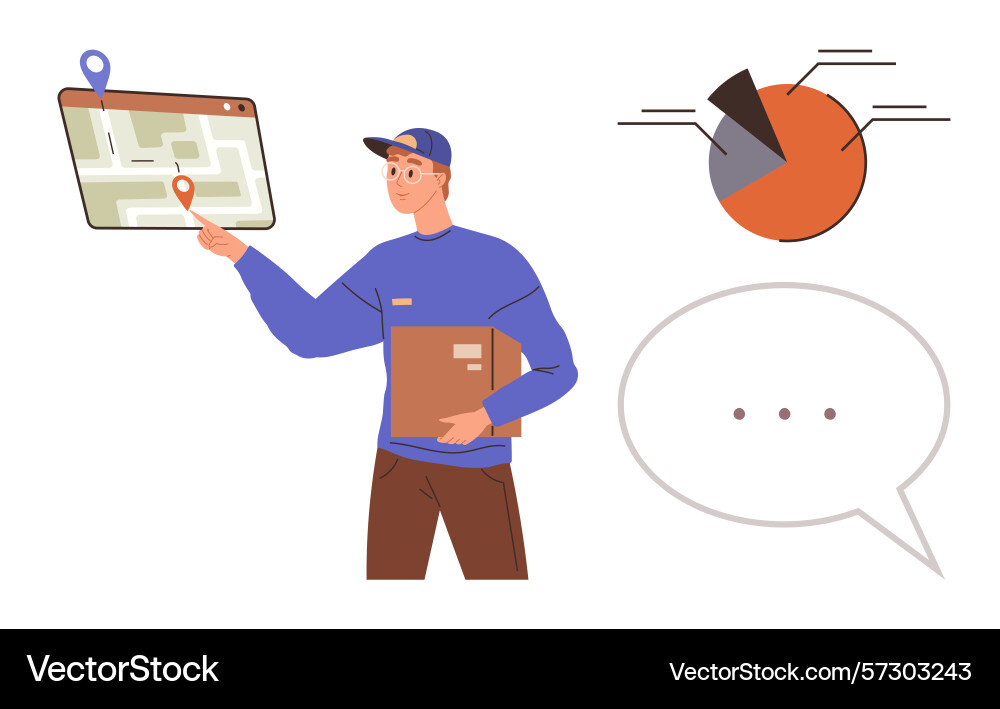 Delivery worker navigating route on digital map Delivery worker navigating route on digital map vector image