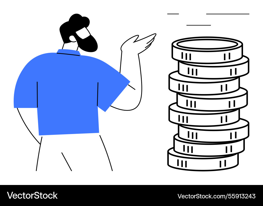 Man gesturing towards stacked coins representing Man gesturing towards stacked coins representing Vector Image