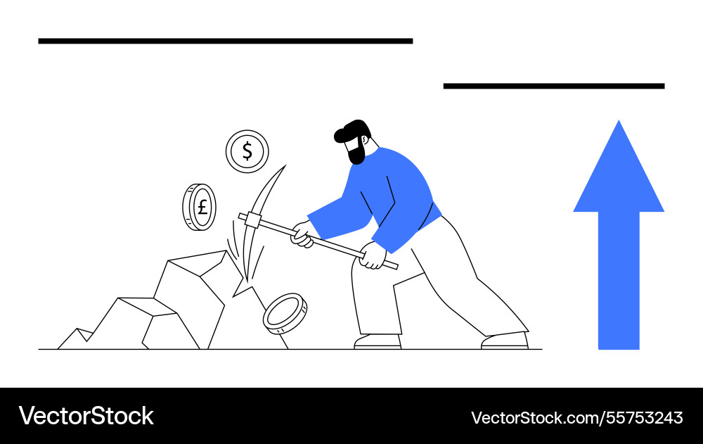 Man mining currency symbols with pickaxe Man mining currency symbols with pickaxe Vector Image