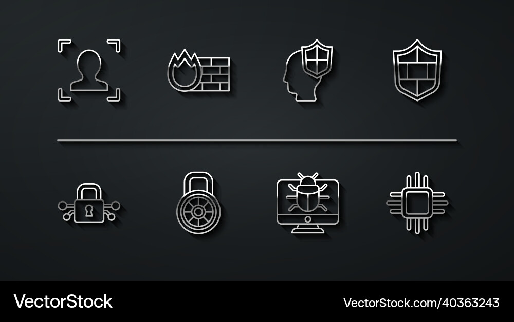 Set line face recognition cyber security shield vector image