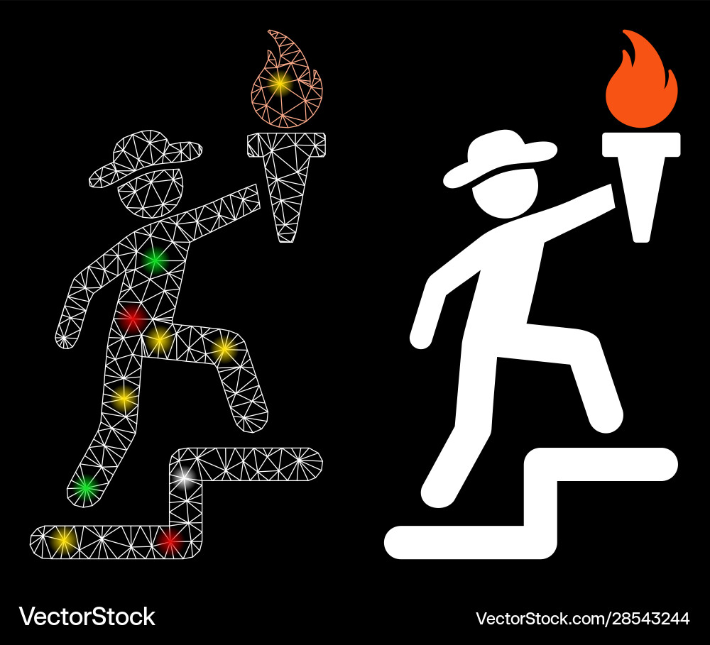 Glowing mesh 2d gentleman climbing with torch icon Glowing mesh 2d gentleman climbing with torch icon vector image