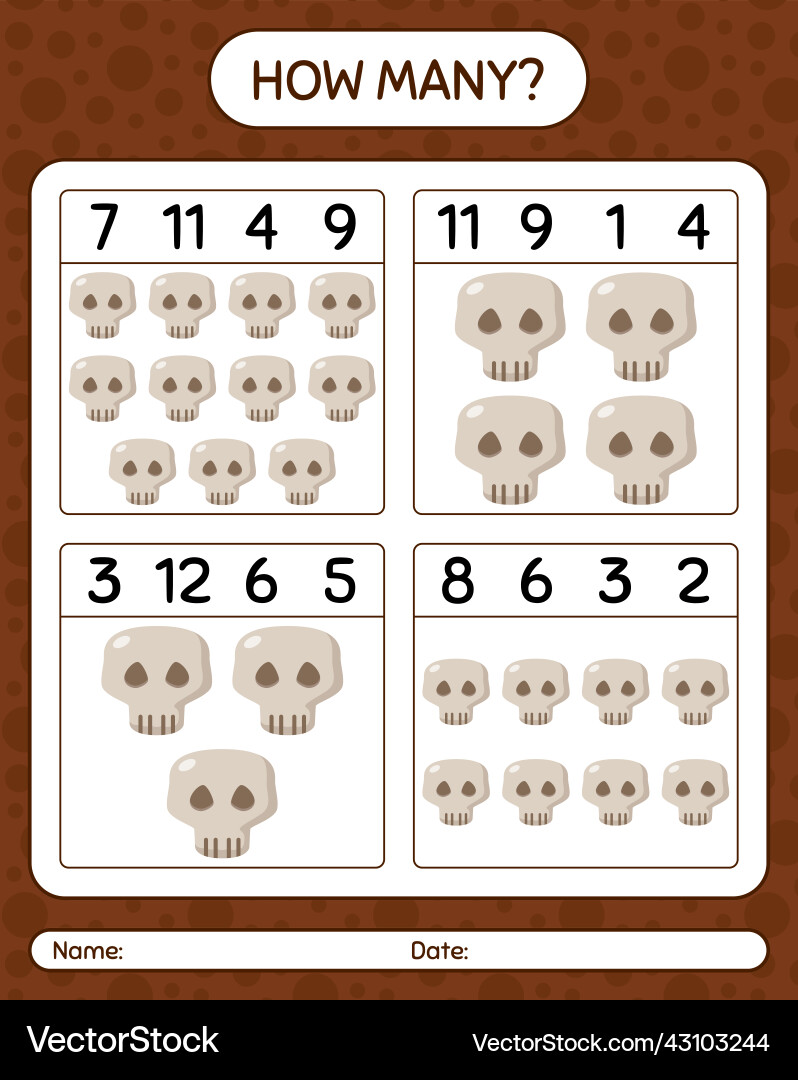 How many counting game with skull worksheet How many counting game with skull worksheet Vector Image