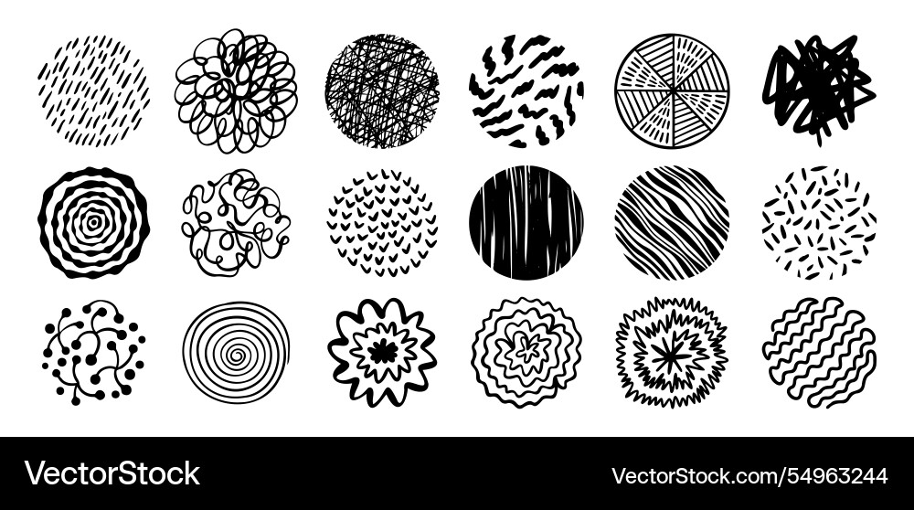 Round abstract hand drawn shapes with pattern set Vector Image