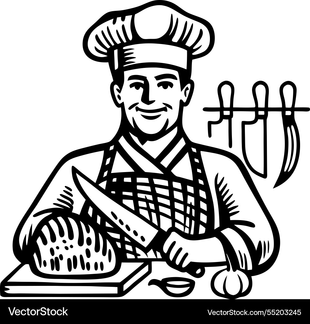 Happy chef cook cuts piece of meat with knife gold Happy chef cook cuts piece of meat with knife gold vector image