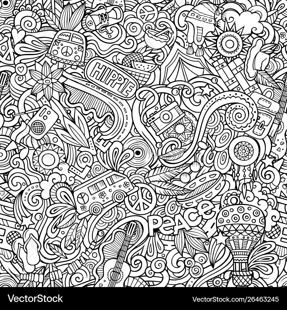 Hippie hand drawn doodles seamless pattern hippy Hippie hand drawn doodles seamless pattern hippy vector image