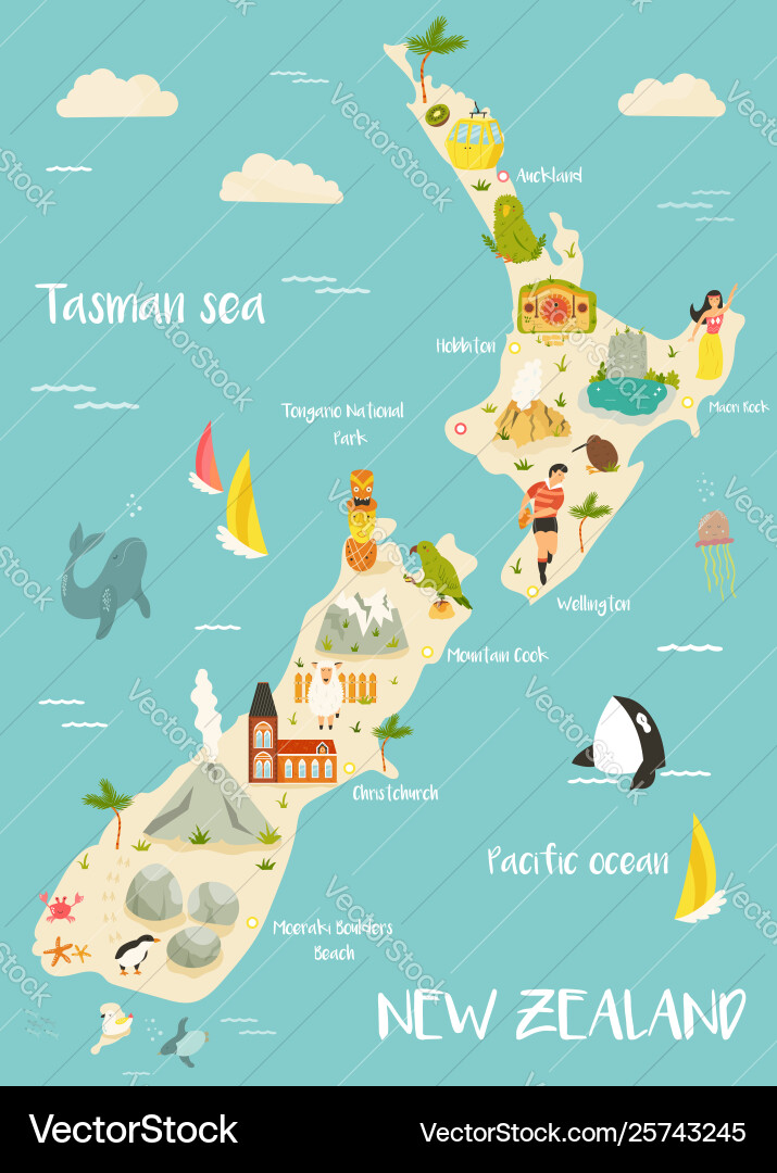 New zealand map with bright icons vector image