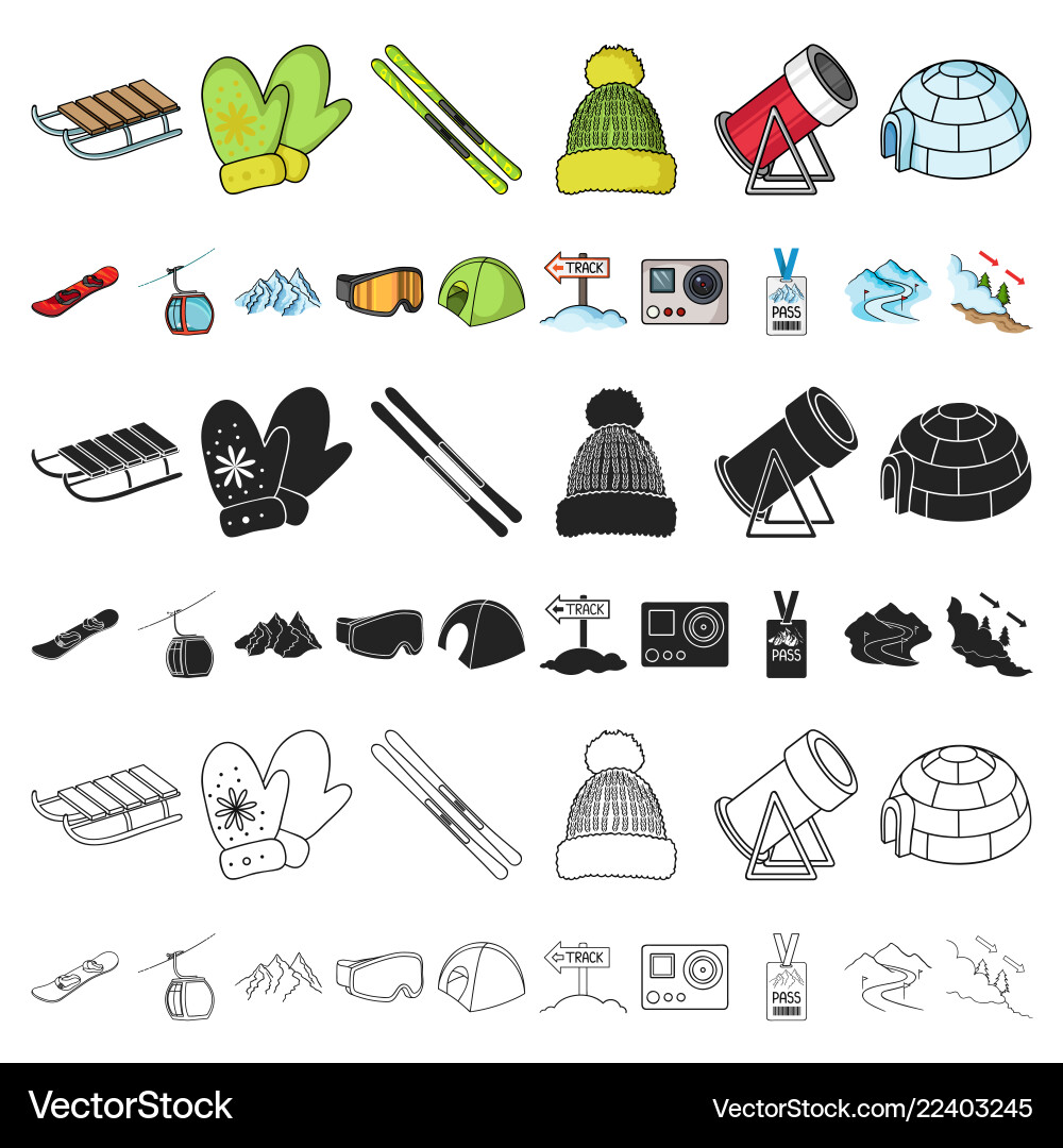 Ski resort and equipment cartoon icons in set Ski resort and equipment cartoon icons in set vector image