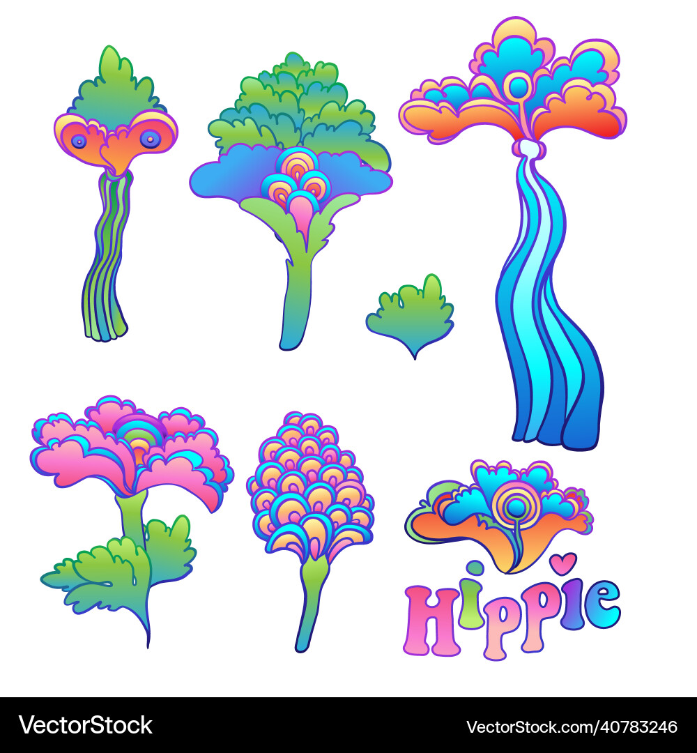 Colorful flower set retro 60s 70s hippie style Colorful flower set retro 60s 70s hippie style vector image