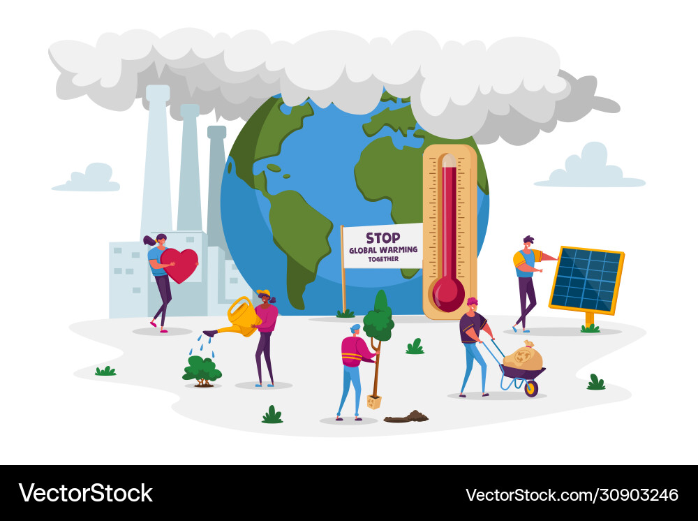 Global warming concept characters care plants vector image