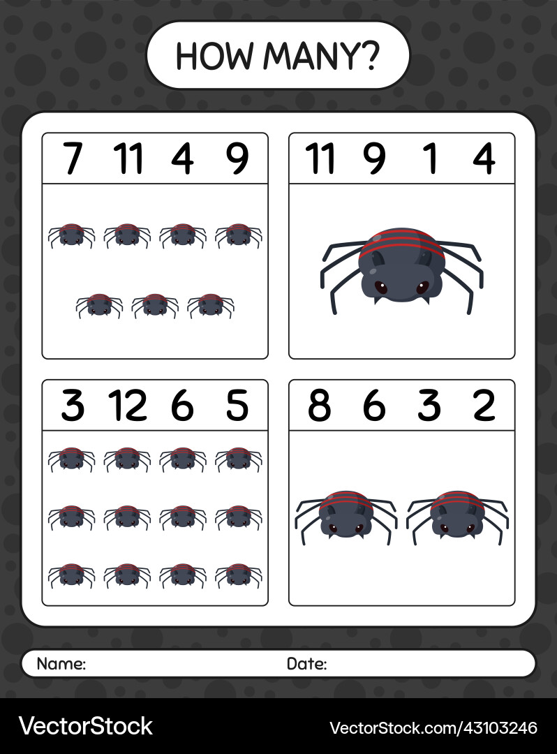 How many counting game with spider worksheet Vector Image