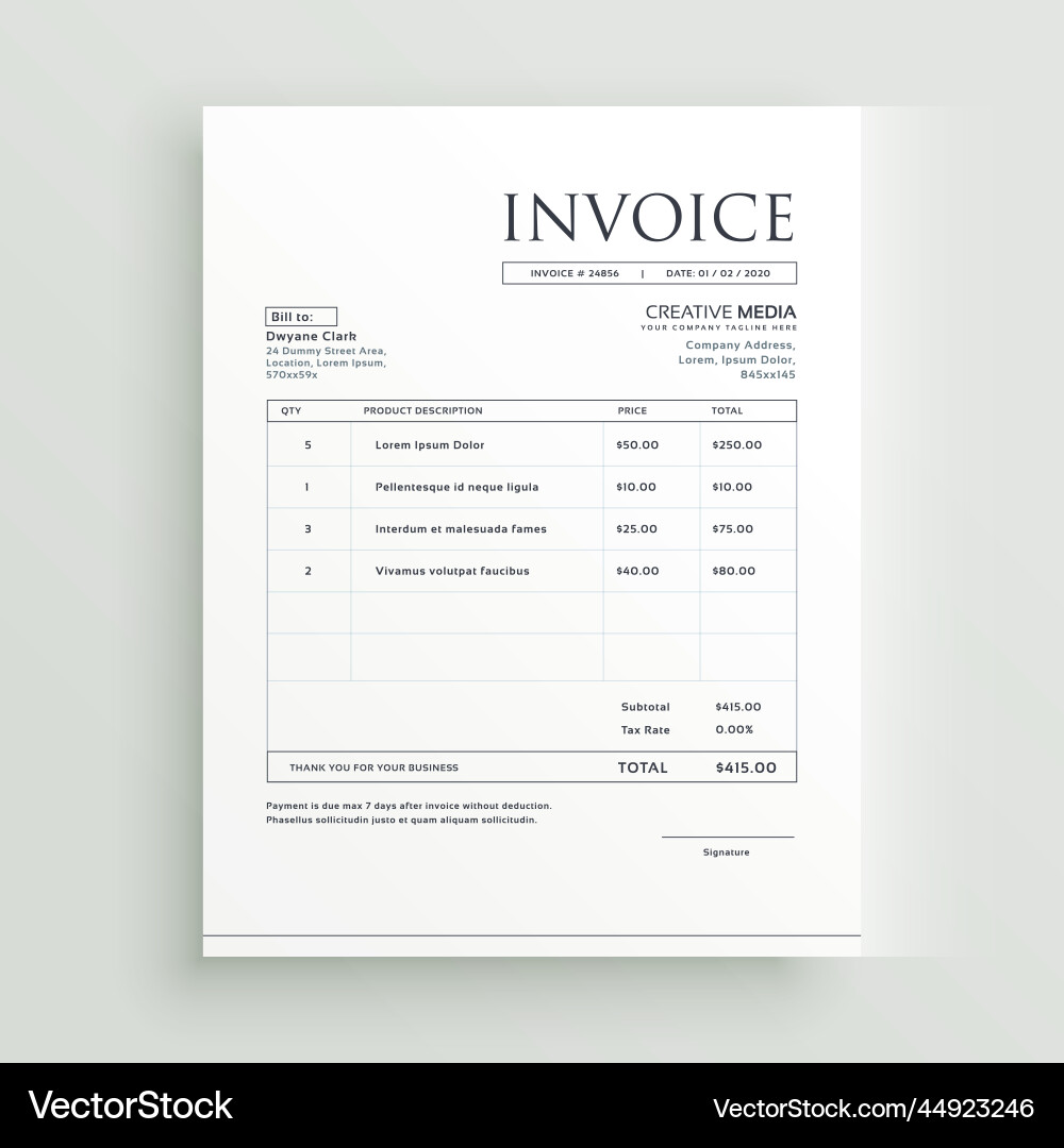 Minimal clean invoice form template design Vector Image