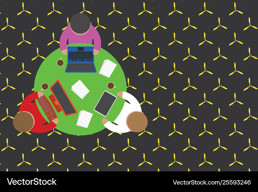 Upper view three busy office workers round table Upper view three busy office workers round table vector image
