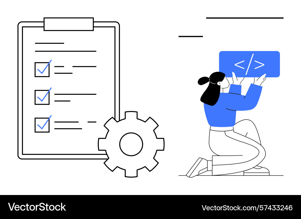 Woman coding with highlighted checklist and gear vector image