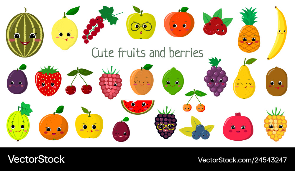 Kawaii cute fruit and berries faces Kawaii cute fruit and berries faces vector image