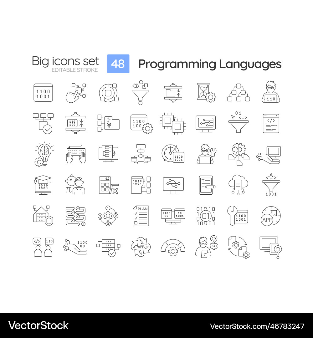 Programming languages linear icons set Programming languages linear icons set vector image