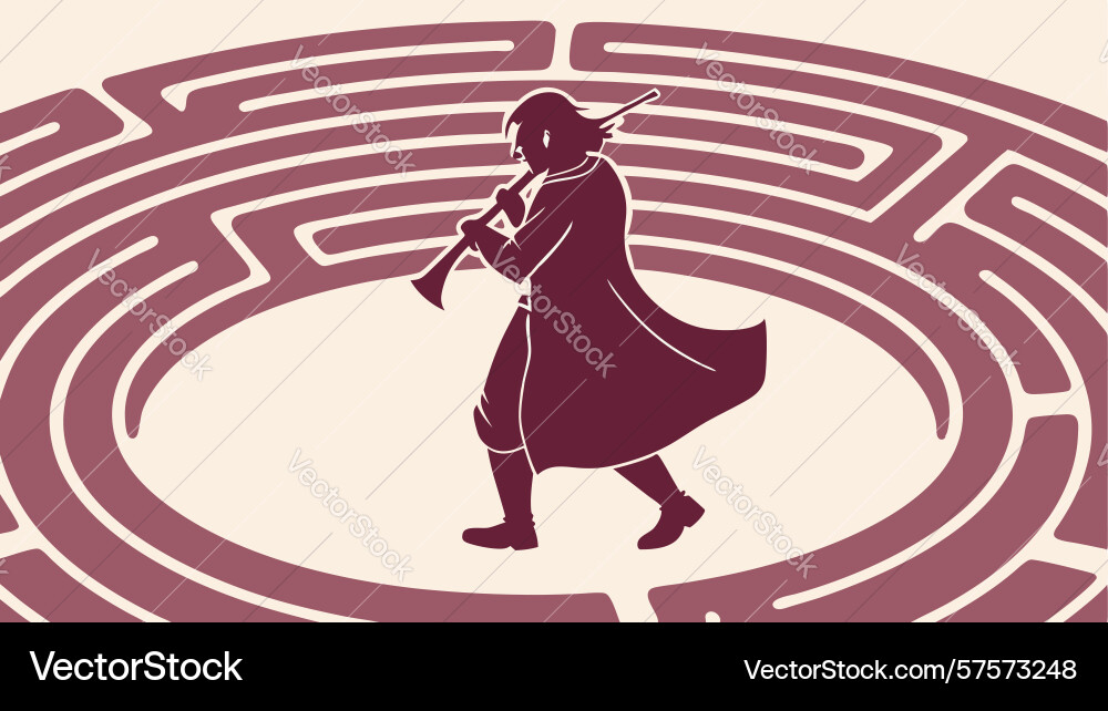 Figure playing flute in intricate maze navigating Vector Image