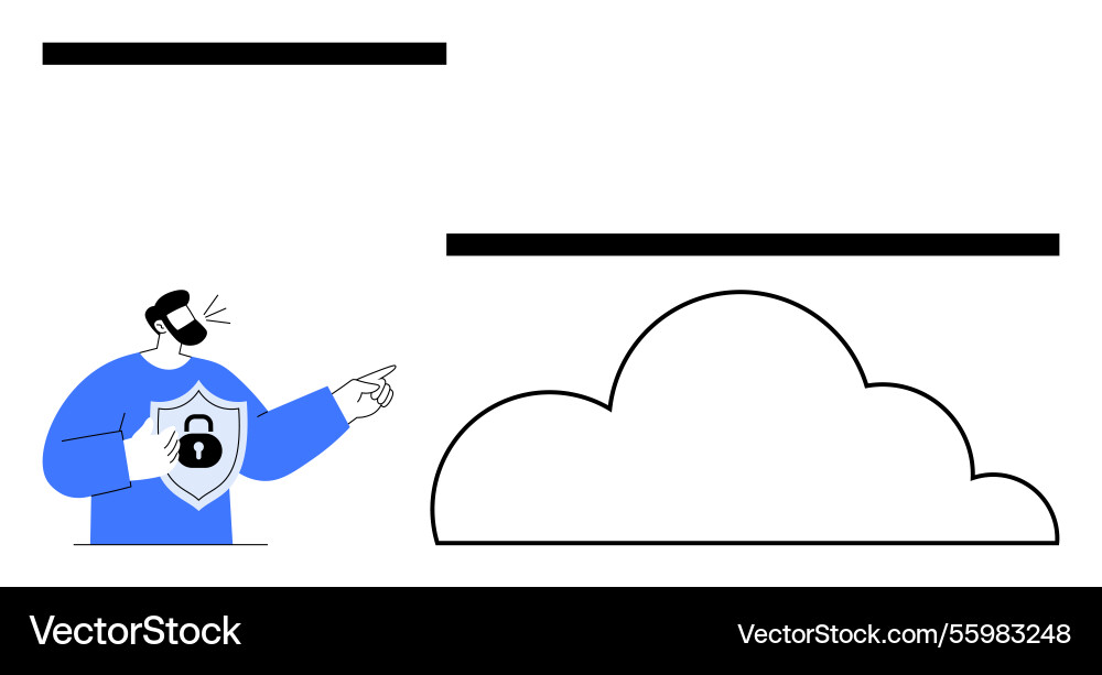 Man highlighting cloud security with shield icon Man highlighting cloud security with shield icon vector image