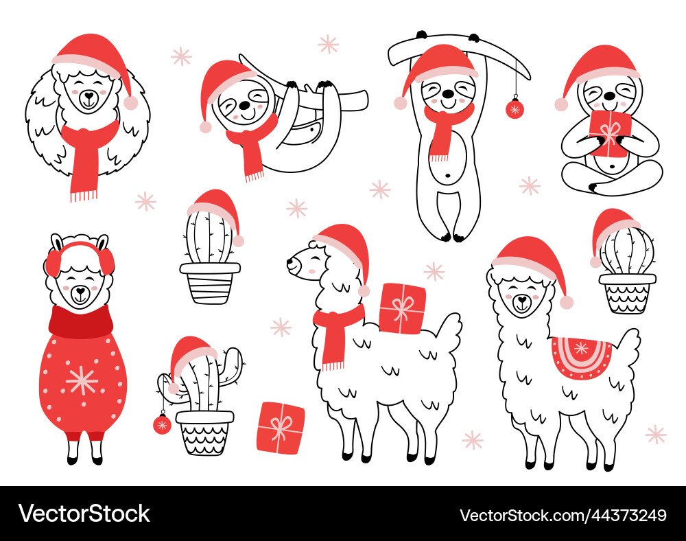 Cute Christmas Llamas & Sloths with Cacti Vector Image