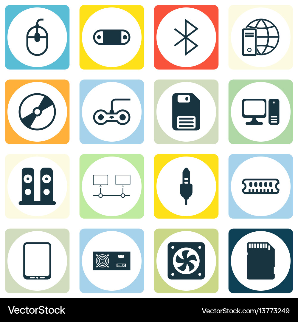 Set of 16 computer hardware icons includes Set of 16 computer hardware icons includes vector image